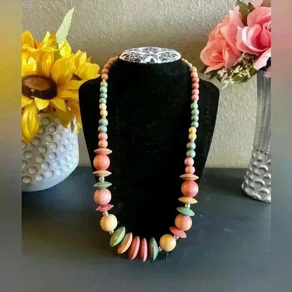 African Multicolor Wooden Beads Tribal Boho Necklace 22” - Picture 1 of 4